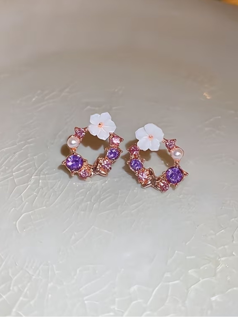 Purple Floral Pink Crystal Hoop Earrings